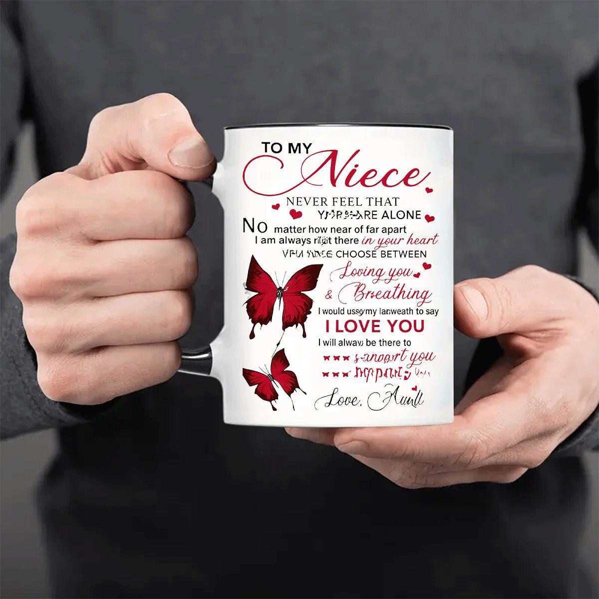 Tailorly White Ceramic 11 oz Mug - To My Niece Love Aunt Elegant Red Fluttering Wings Among Small Scattered Hearts Butterfly
