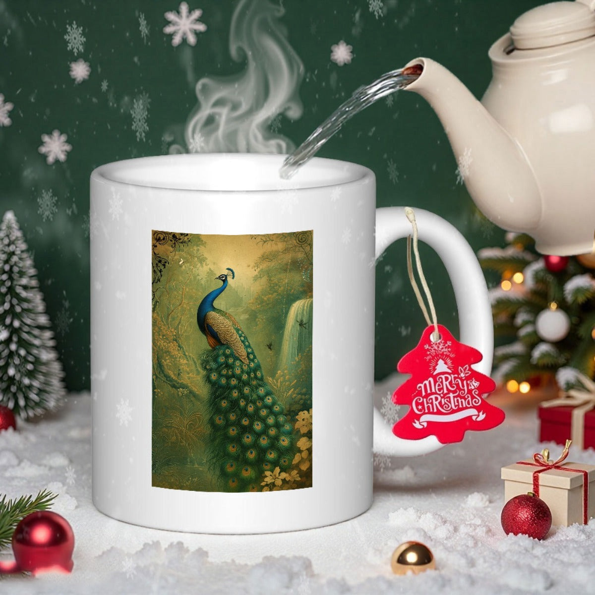 Tailorly White Ceramic 11 oz Mug - Merry Christmas Elegant Bird With Long Green Feathers In Golden Forest Setting Peacock