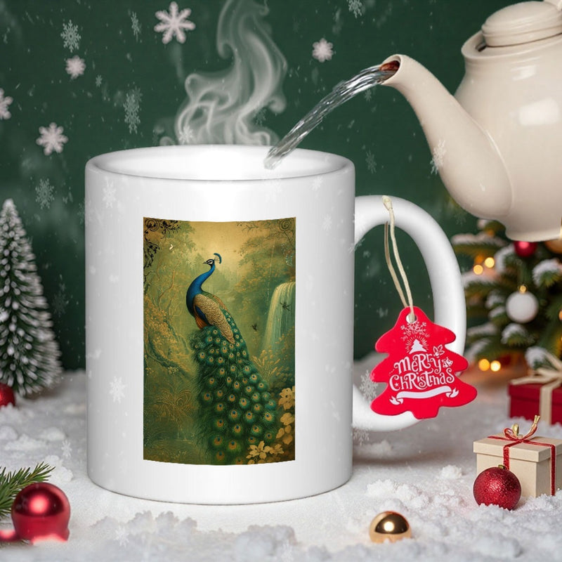 Tailorly White Ceramic 11 oz Mug - Merry Christmas Elegant Bird With Long Green Feathers In Golden Forest Setting Peacock