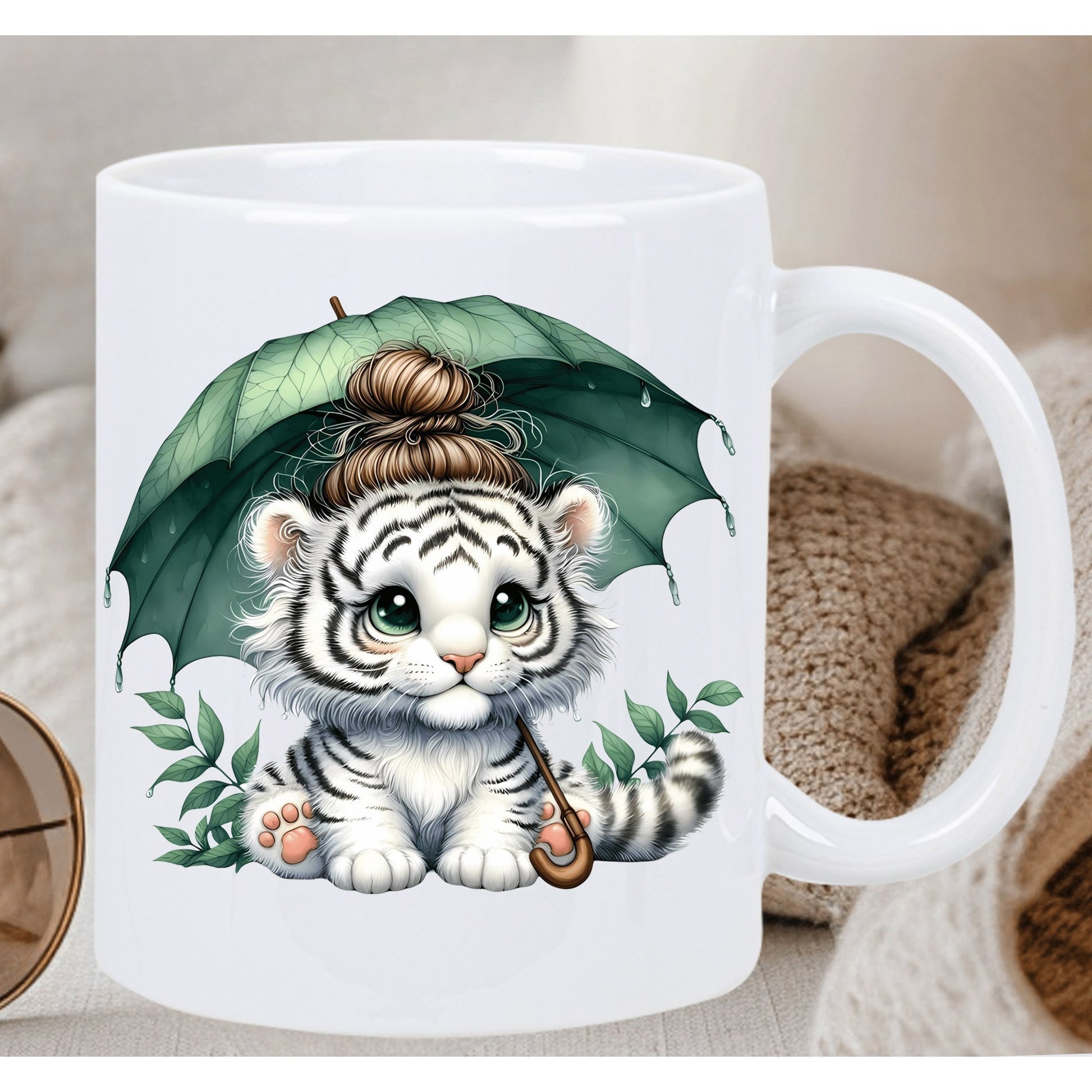 Tailorly White Ceramic 11 oz Mug - Adorable White Tiger Cub Holding A Large Green Leaf Umbrella Tiger