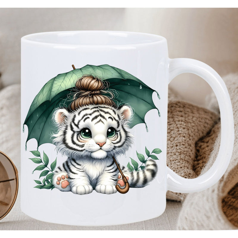 Tailorly White Ceramic 11 oz Mug - Adorable White Tiger Cub Holding A Large Green Leaf Umbrella Tiger