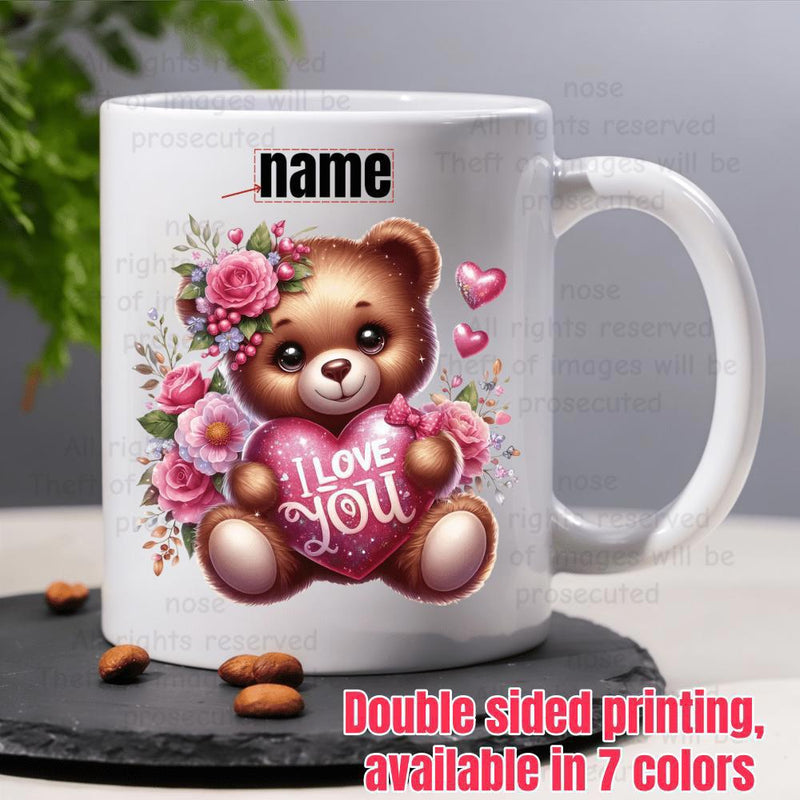 Tailorly White Ceramic 11 oz Mug - Name I Love You Adorable Brown Furry Plush Holding Glowing Pink Heart With Roses Bear