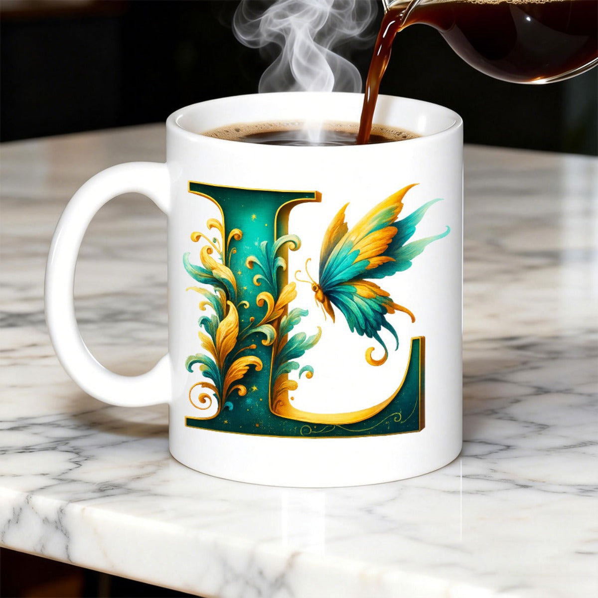 Tailorly White Ceramic 11 oz Mug - Ornate Teal And Gold Monogram Surrounded By Elegant Swirling Wings Butterfly