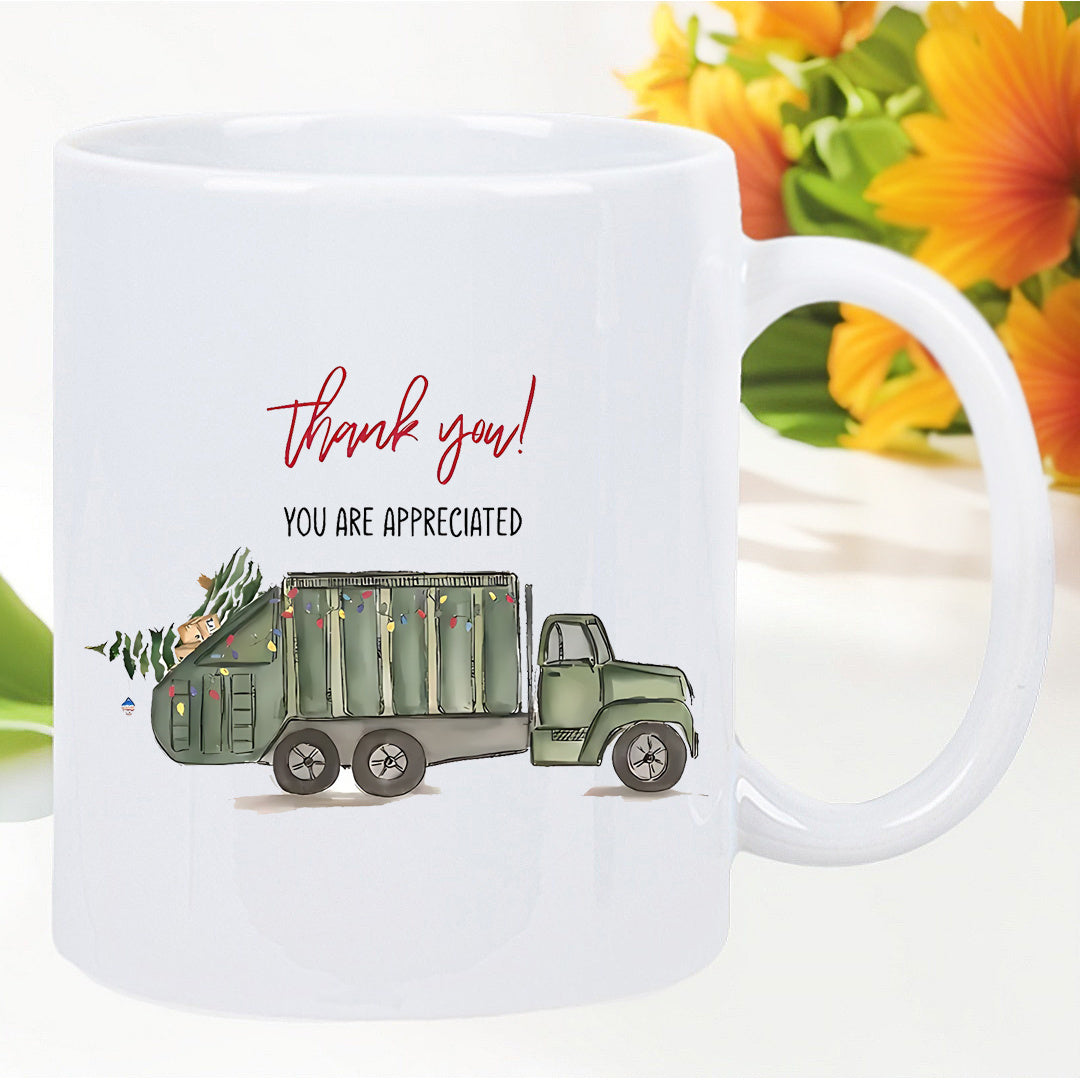 Tailorly White Ceramic 11 oz Mug - Thank You You Are Appreciated Vintage Green Sanitation Vehicle Carrying Lush Green Foliage Under Bright Light Truck