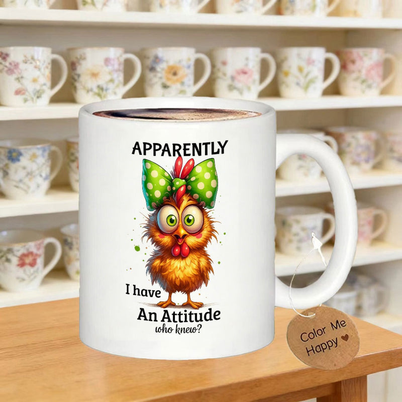 Tailorly White Ceramic 11 oz Mug - Apparently I Have An Attitude Who Knew Funny Cartoon Character Wearing Green Polka Dot Bow Chicken