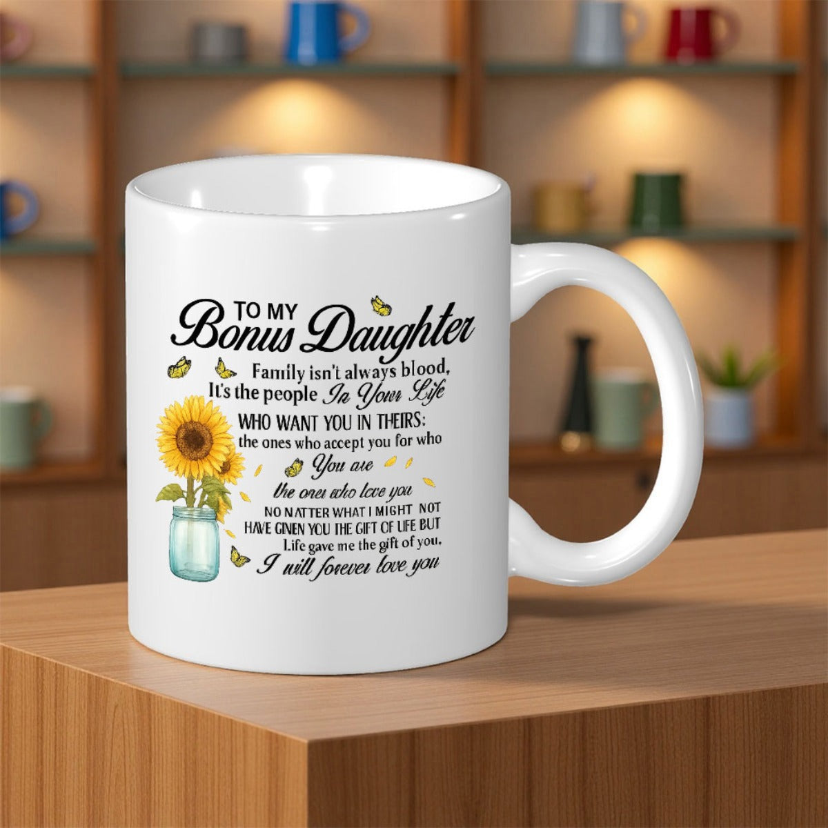 Tailorly White Ceramic 11 oz Mug - To My Bonus Daughter Vibrant Yellow Sunflower Blooming Inside A Blue Mason Jar With Fluttering Butterflies Sunflower