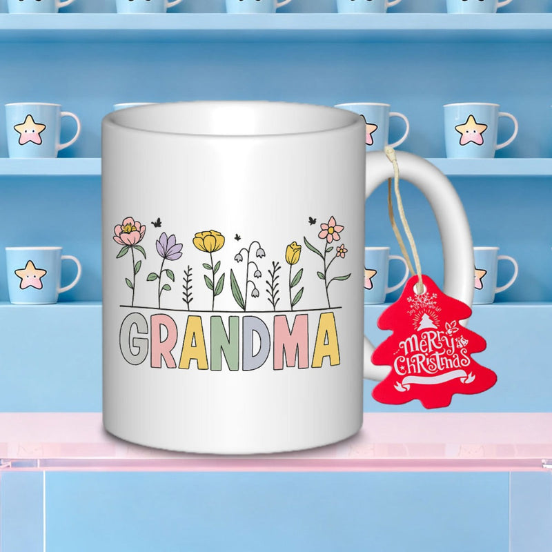 Tailorly White Ceramic 11 oz Mug - Grandma Vibrant Colorful Wildflowers Blooming Gently Across A Minimalist Spring Garden