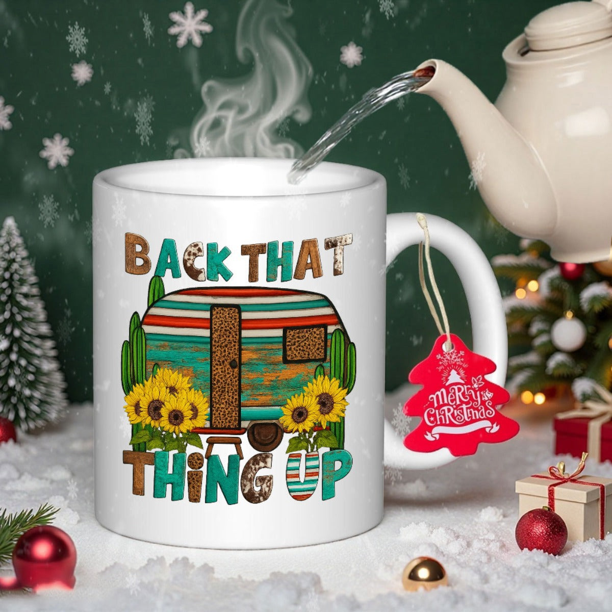 Tailorly White Ceramic 11 oz Mug - Back That Thing Up Vintage Retro Trailer Decorated With Yellow Sunflowers And Green Cactus Camper