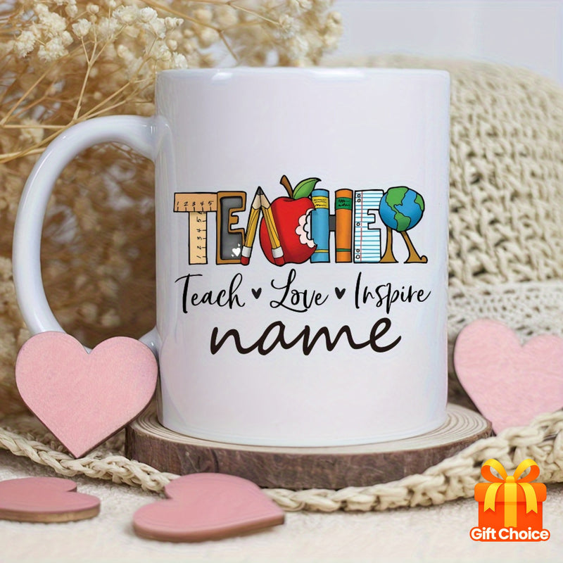 Tailorly White Ceramic 11 oz Mug - Teach Love Inspire Colorful School Supplies Featuring Red Apple And Books With Small Globe Teacher
