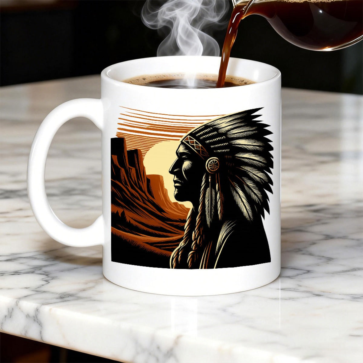 Tailorly White Ceramic 11 oz Mug - Majestic Silhouette In The Canyon Under Golden Setting Sun Warm Glow Warrior