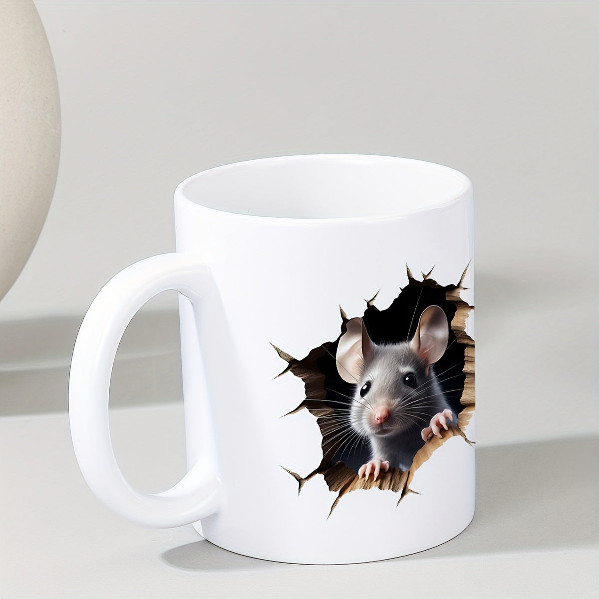 Tailorly White Ceramic 11 oz Mug - Realistic Grey Mouse Peeking Out From A Dark Cracked Hole Mouse
