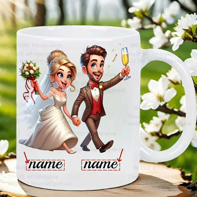 Tailorly White Ceramic 11 oz Mug - Cartoon Bride And Groom Joyfully Celebrating Their Special Wedding Day Couple