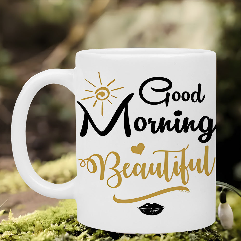 Tailorly White Ceramic 11 oz Mug - Good Morning Beautiful Minimalist Golden Sun Heart And Black Lips On Polished Ceramic Mug