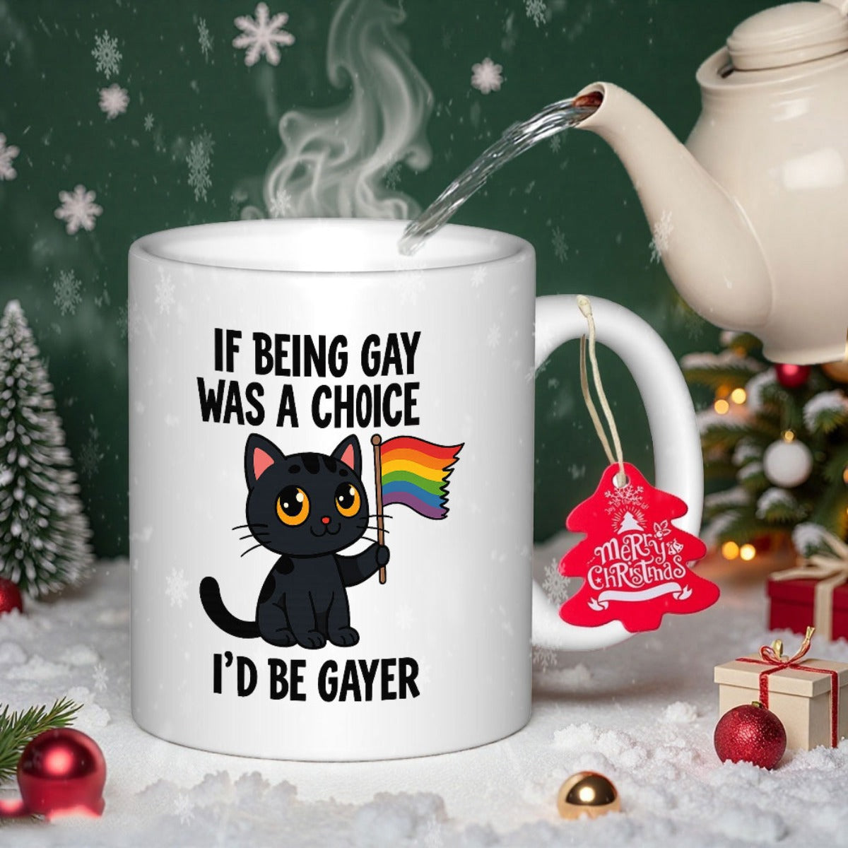 Tailorly White Ceramic 11 oz Mug - If Being Gay Was A Choice Id Be Gayer Adorable Black Cartoon Feline Holding A Vibrant Rainbow Pride Flag Cat