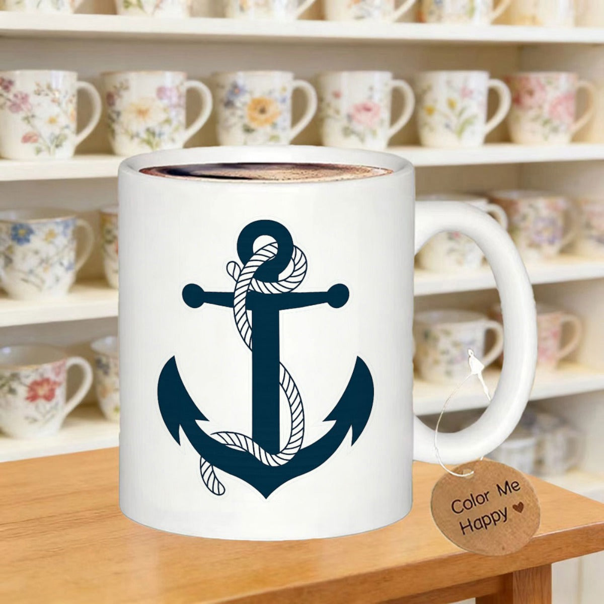 Tailorly White Ceramic 11 oz Mug - Color Me Happy Classic Nautical Navy Blue Maritime Symbol Wrapped With White Sailing Rope Anchor