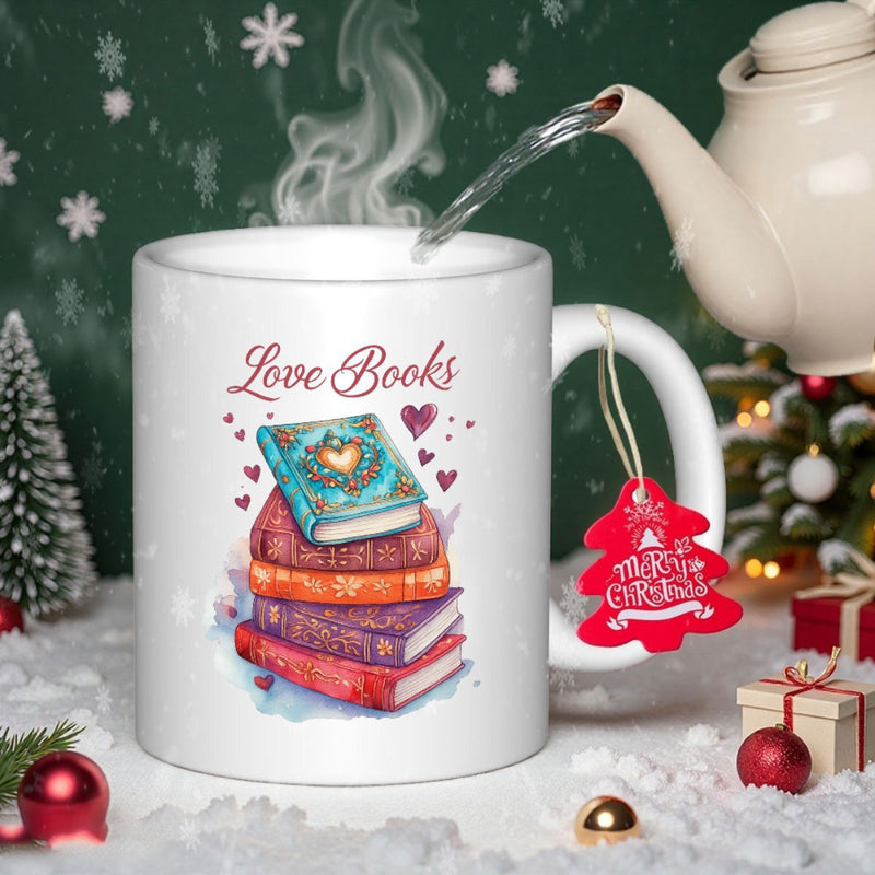 Tailorly White Ceramic 11 oz Mug - Love Books Colorful Stacked Books Surrounded By Floating Hearts In Watercolor Style Books