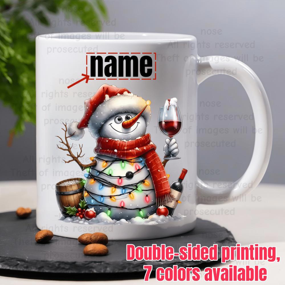 Tailorly White Ceramic 11 oz Mug - Name Festive Winter Character Wearing Santa Hat Holding Wine Glass Wrapped In Lights Snowman