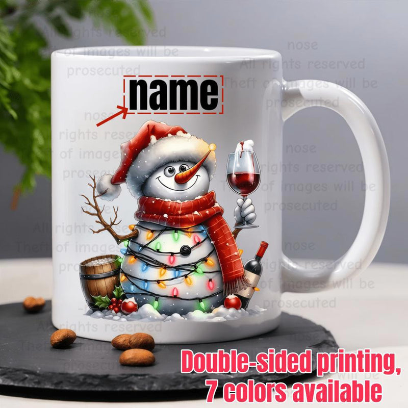 Tailorly White Ceramic 11 oz Mug - Name Festive Winter Character Wearing Santa Hat Holding Wine Glass Wrapped In Lights Snowman