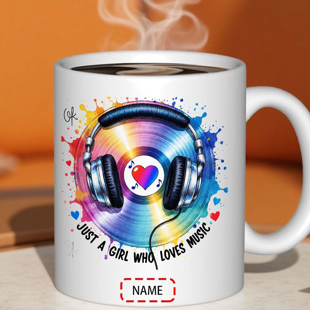 Tailorly White Ceramic 11 oz Mug - Just A Girl Who Loves Music Vibrant Watercolor Splashes Around Retro Vinyl Record Heart Headphones