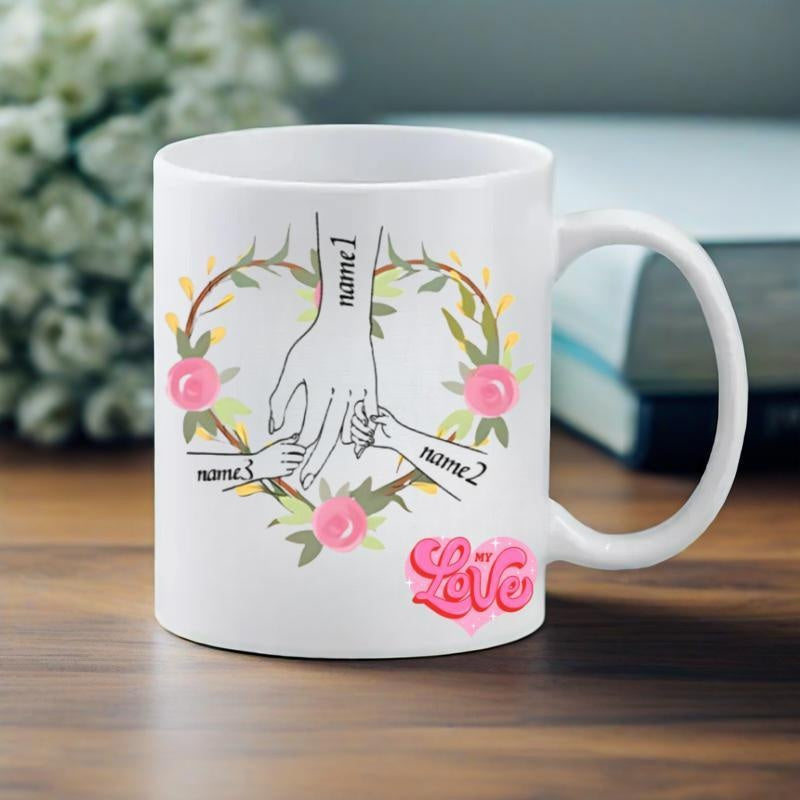 Tailorly White Ceramic 11 oz Mug - Love Artistic Pink Roses Among Delicate Green Leaves Forming A Heart Hand