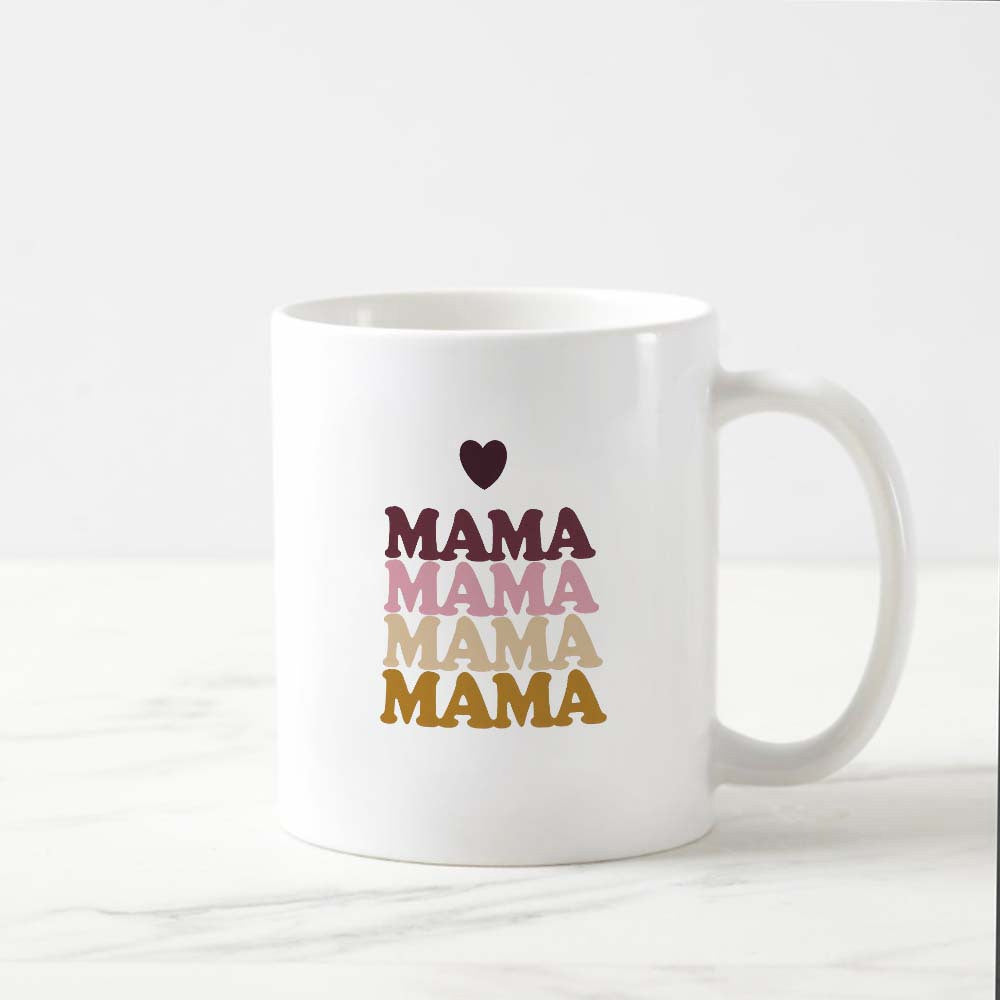 Tailorly White Ceramic 11 oz Mug - Mama Simple Heart Shape Above Earth Toned Stacked Typography Design Heart