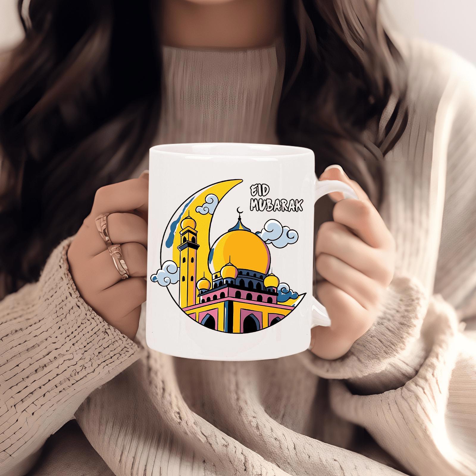 Tailorly White Ceramic 11 oz Mug - Eid Mubarak Golden Dome Mosque Nestled Within Large Crescent Moon With Stylized Blue Clouds Mosque