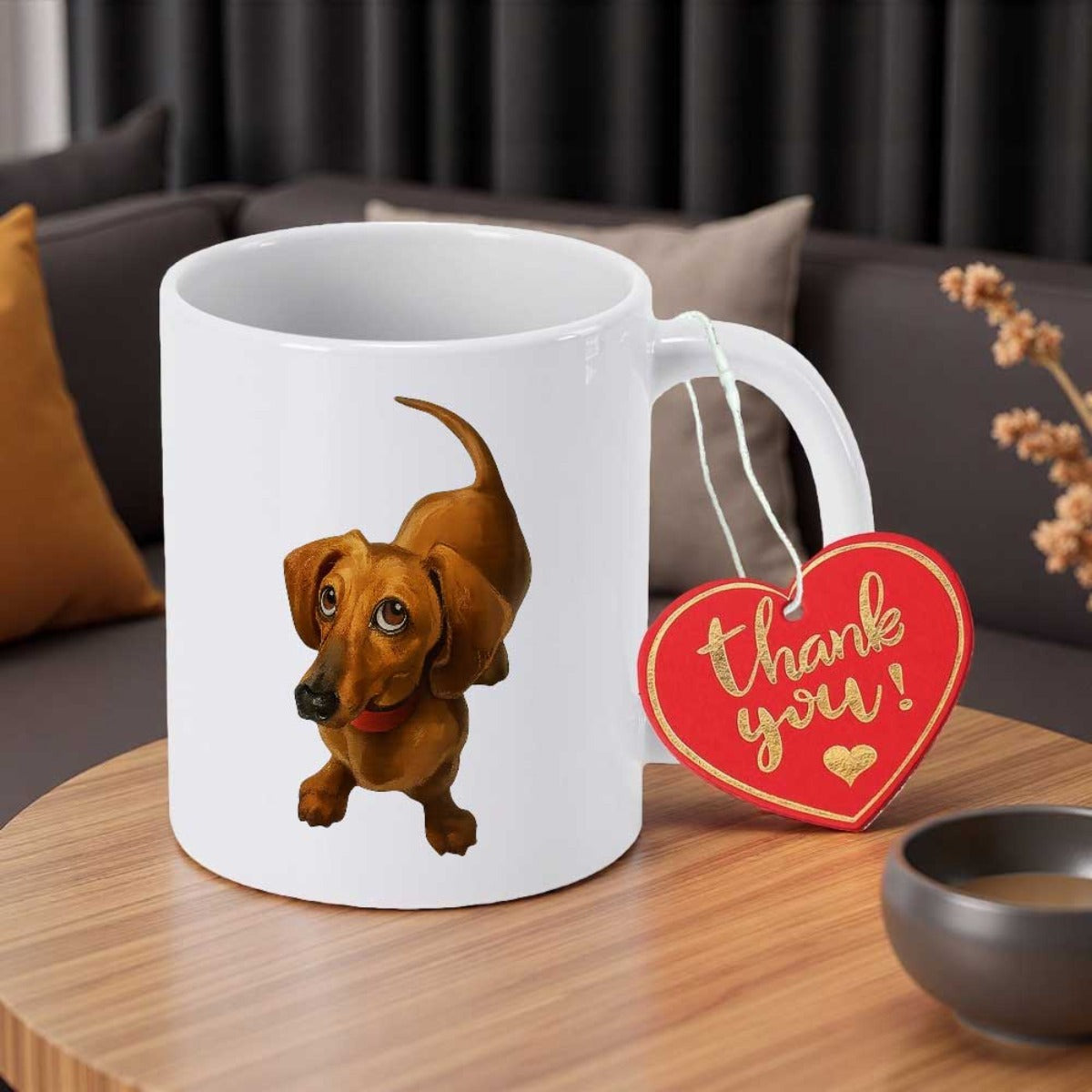 Tailorly White Ceramic 11 oz Mug - Thank You Small Brown Puppy Looking Up With Large Expressive Eyes Dachshund