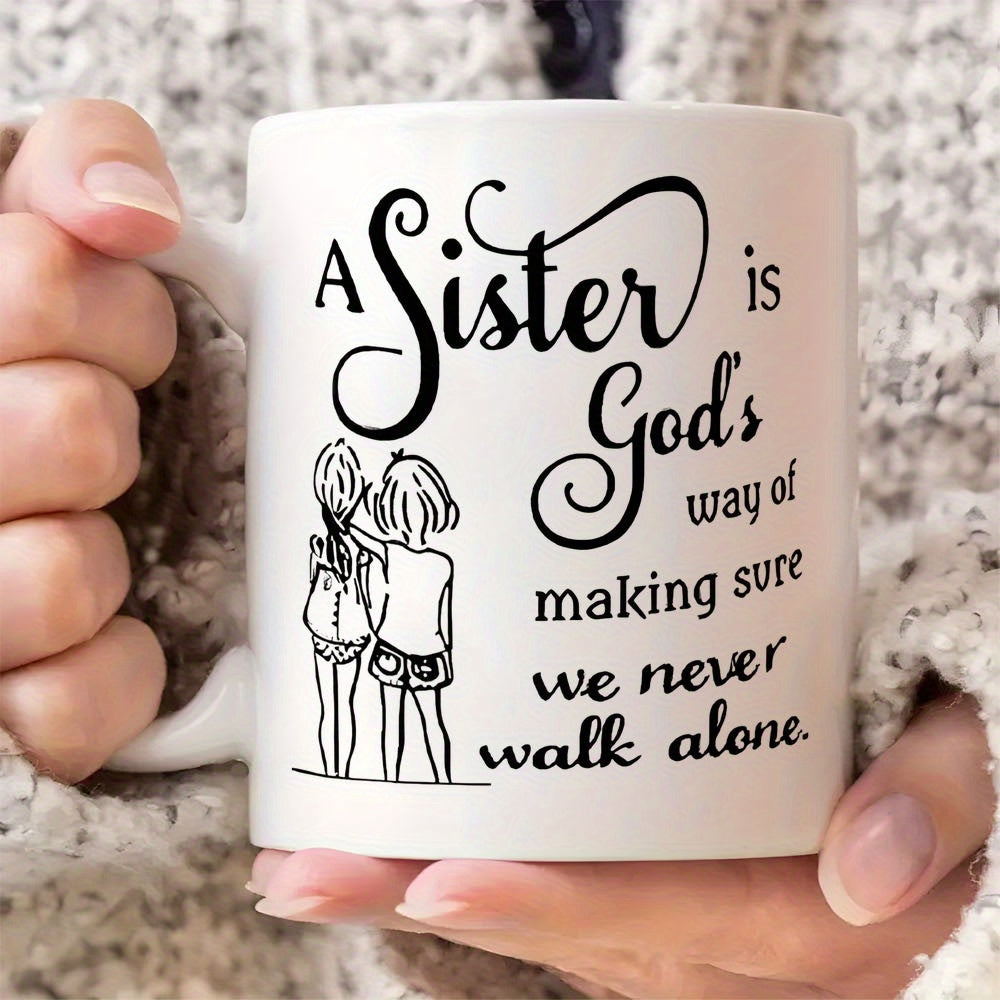 Tailorly White Ceramic 11 oz Mug - A Sister Is Gods Way Of Making Sure We Never Walk Alone Minimalist Black Line Drawing Featuring Two Young Girls Standing