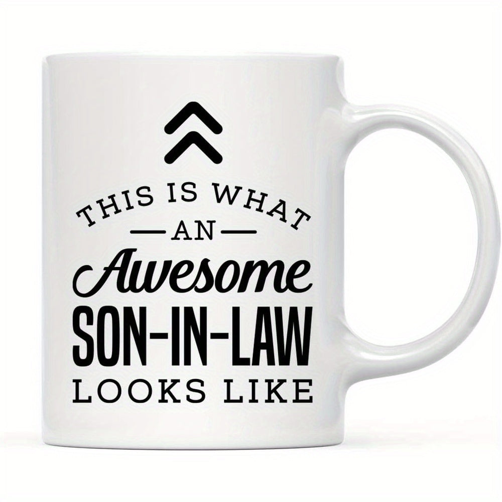 Tailorly White Ceramic 11 oz Mug - This Is What An Awesome Son In Law Looks Like Two Geometric Chevron Symbols Pointing Upward Above Clean Black Text Layout Arrow