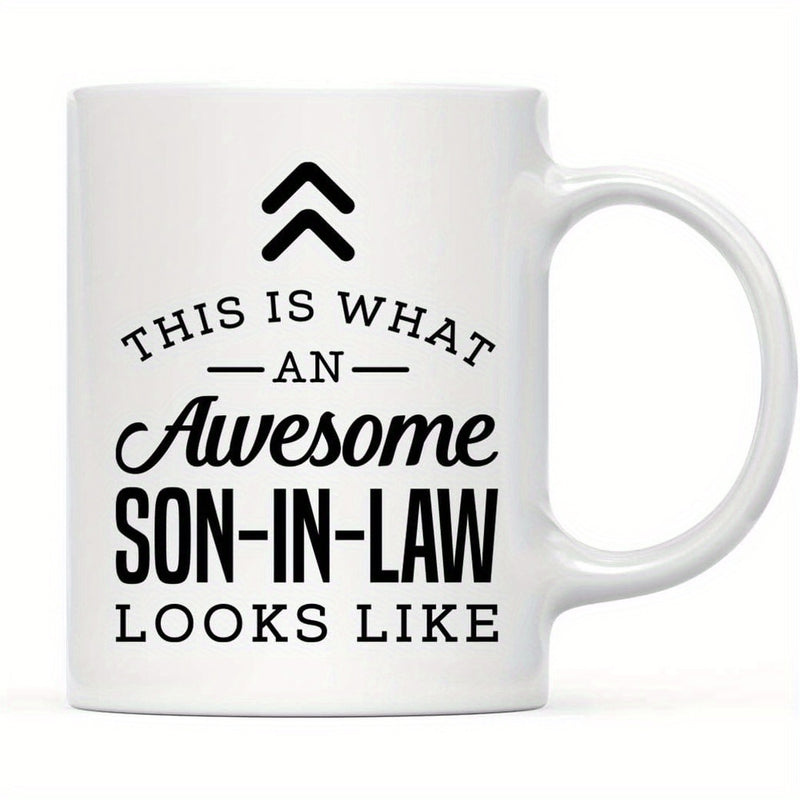 Tailorly White Ceramic 11 oz Mug - This Is What An Awesome Son In Law Looks Like Two Geometric Chevron Symbols Pointing Upward Above Clean Black Text Layout Arrow