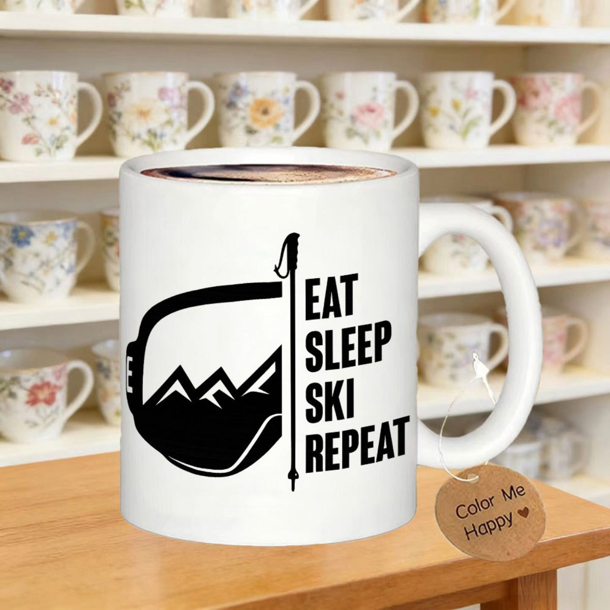 Tailorly White Ceramic 11 oz Mug - Eat Sleep Ski Repeat Minimalist Black Silhouette Of Snowy Peaks Inside Stylized Ski Goggles Mountain