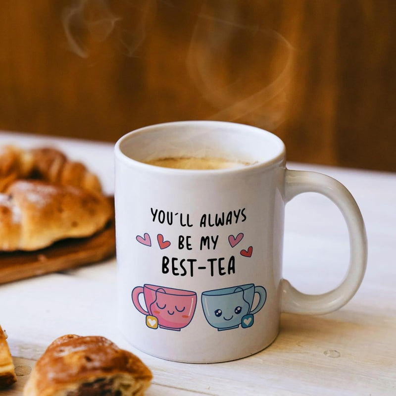 Tailorly White Ceramic 11 oz Mug - Youll Always Be My Best Tea Adorable Cartoon Cups With Smiling Faces And Floating Pink Hearts Teacup