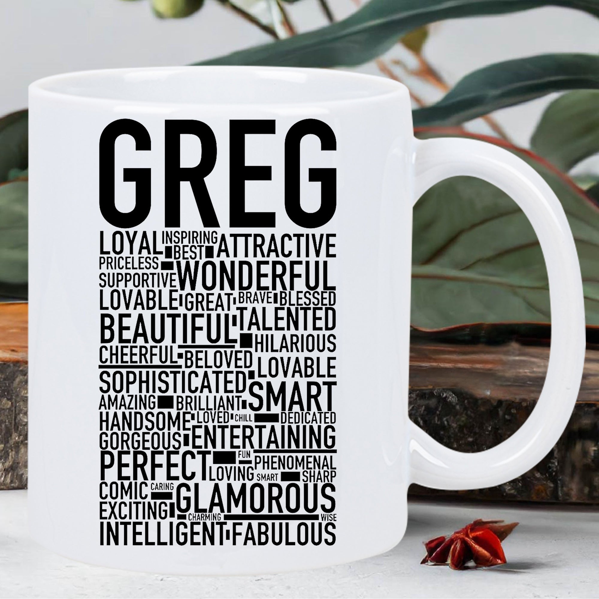 Tailorly White Ceramic 11 oz Mug - Greg Elegant Black Typography Word Cloud With Positive Adjectives And Bold Lettering Mug