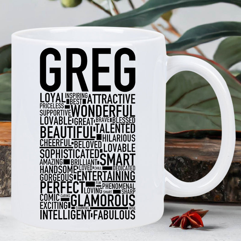Tailorly White Ceramic 11 oz Mug - Greg Elegant Black Typography Word Cloud With Positive Adjectives And Bold Lettering Mug