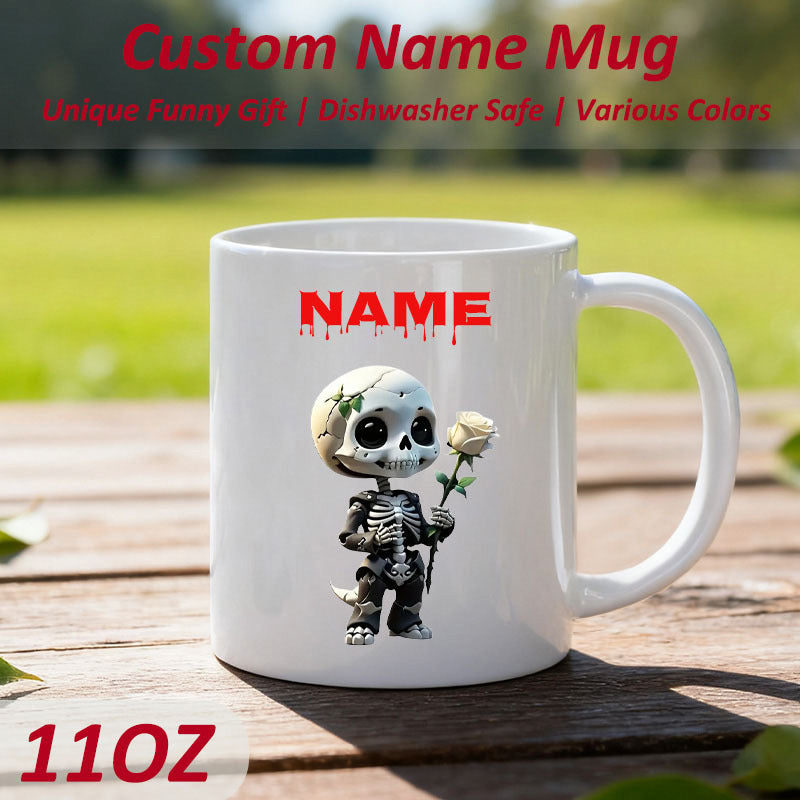 Tailorly White Ceramic 11 oz Mug - Name Stylized Chibi Skeleton Holding A Single White Rose Skeleton
