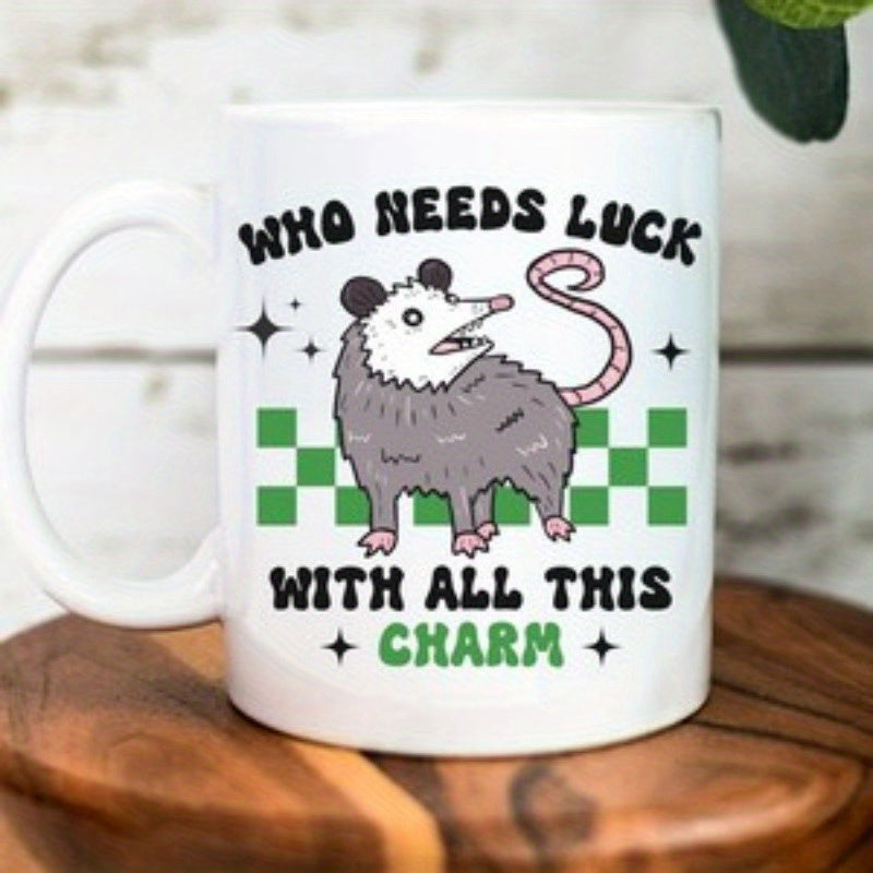 Tailorly White Ceramic 11 oz Mug - Who Needs Luck With All This Charm Cartoon Opossum Standing On Green Checkered Pattern With Small Stars Opossum