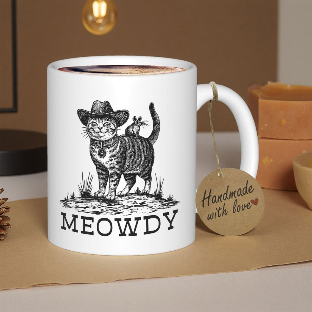 Tailorly White Ceramic 11 oz Mug - Meowdy Sketch Style Tabby Cat Wearing Cowboy Hat Standing Among Tall Wild Grass Cat
