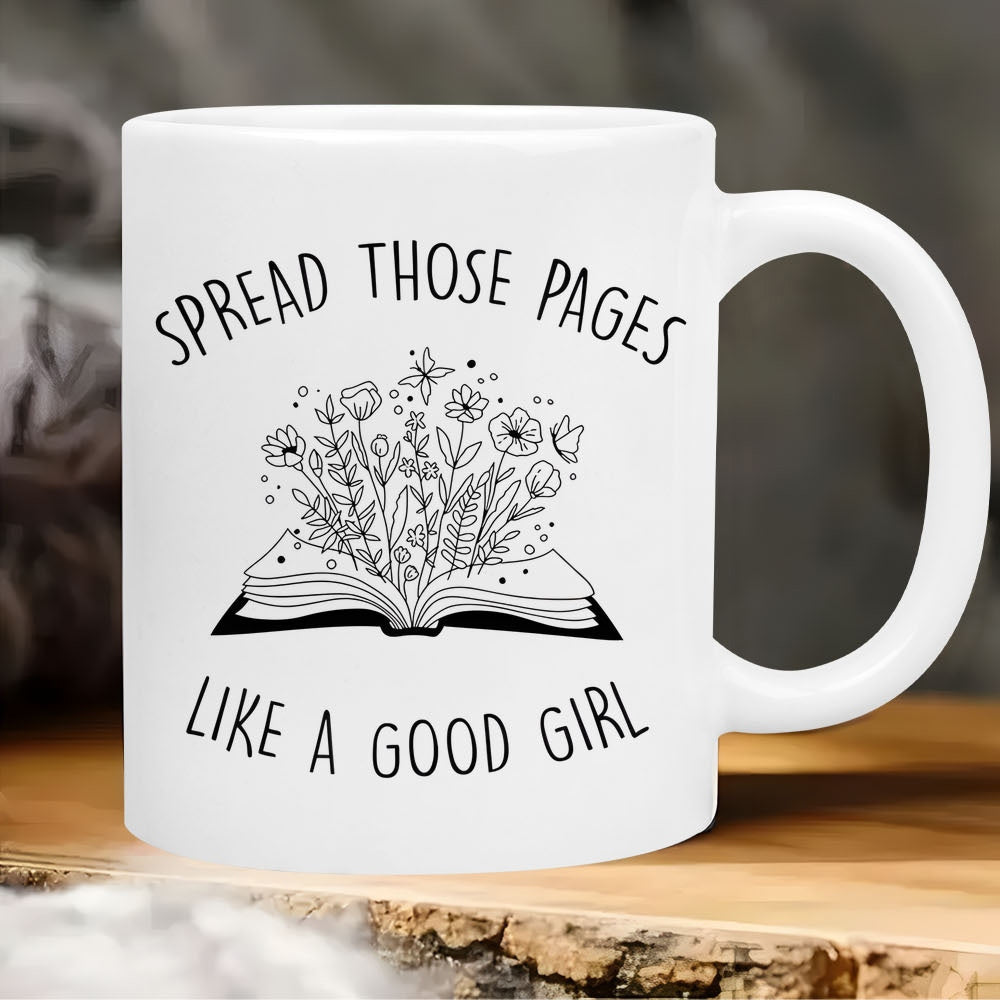 Tailorly White Ceramic 11 oz Mug - Spread Those Pages Like A Good Girl Wildflowers Blooming Gracefully From Within A Detailed Line Art Vintage Book