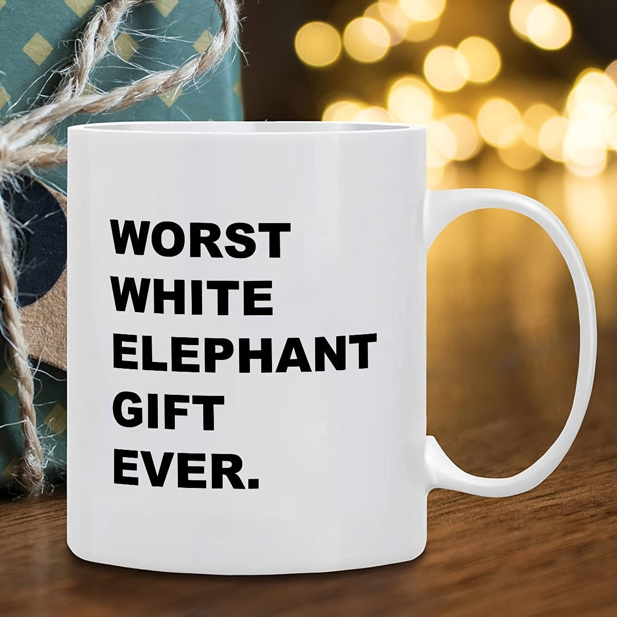 Tailorly White Ceramic 11 oz Mug - Worst White Elephant Gift Ever Simple Minimalist White Ceramic Body Featuring Bold Black Block Text Lettering Mug