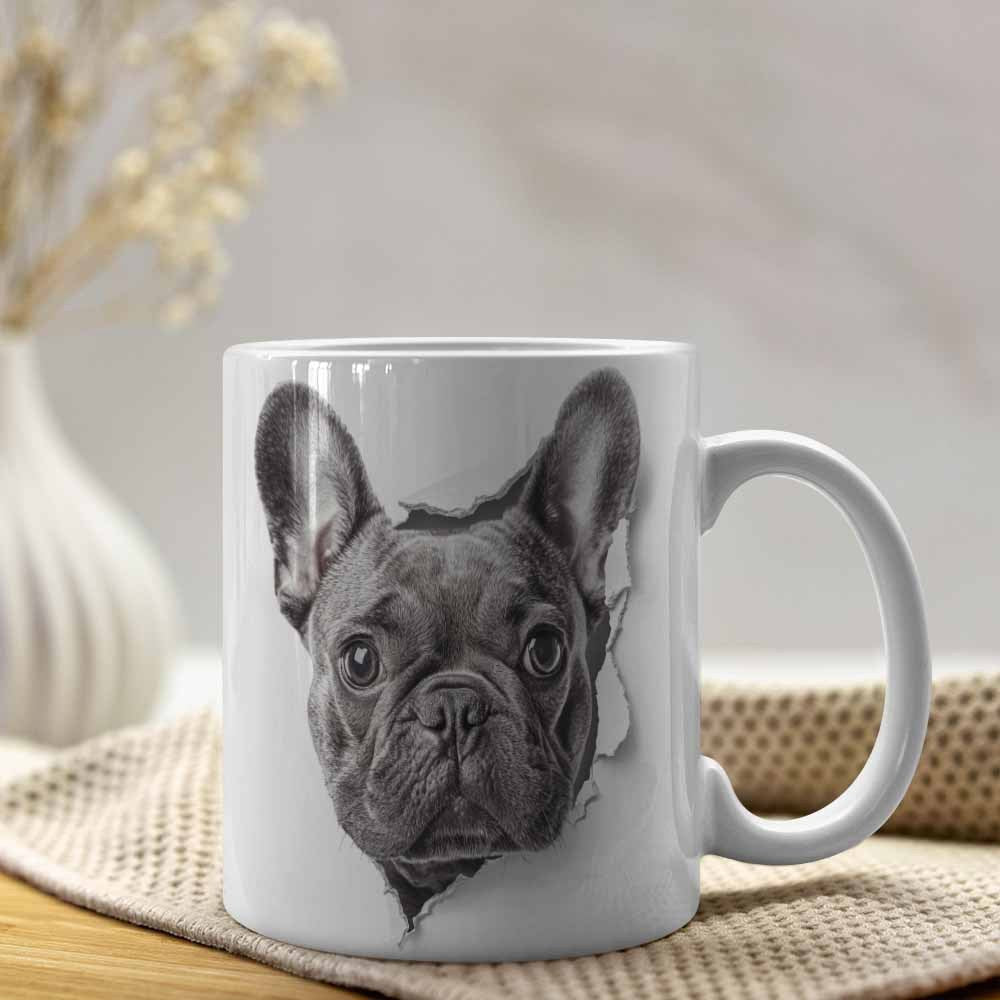 Tailorly White Ceramic 11 oz Mug - Realistic Black And White French Bulldog Head Peeking Out From Broken Surface Dog