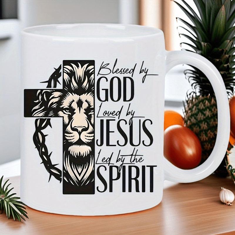 Tailorly White Ceramic 11 oz Mug - Blessed By God Loved By Jesus Led By The Spirit Majestic Religious Cross With Crown Of Thorns Lion