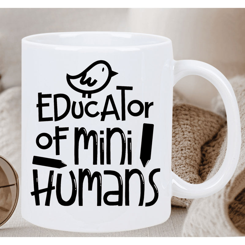 Tailorly White Ceramic 11 oz Mug - Educator Of Mini Humans Minimalist Hand Drawn Little Bird And Pencils With Playful Typography Bird
