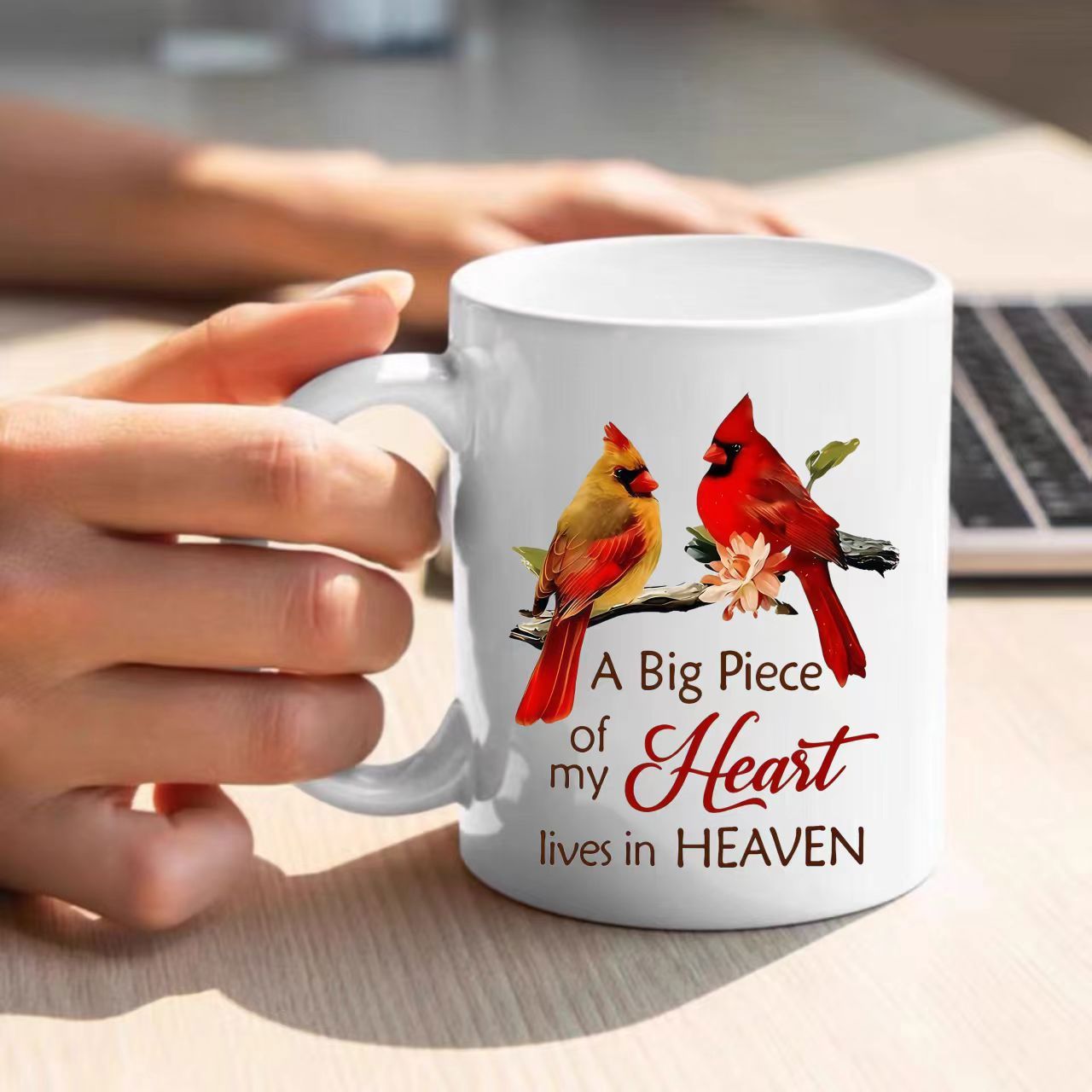 Tailorly White Ceramic 11 oz Mug - A Big Piece Of My Heart Lives In Heaven Two Colorful Vibrant Red And Yellow Songbirds Resting On A Spring Branch Cardinal