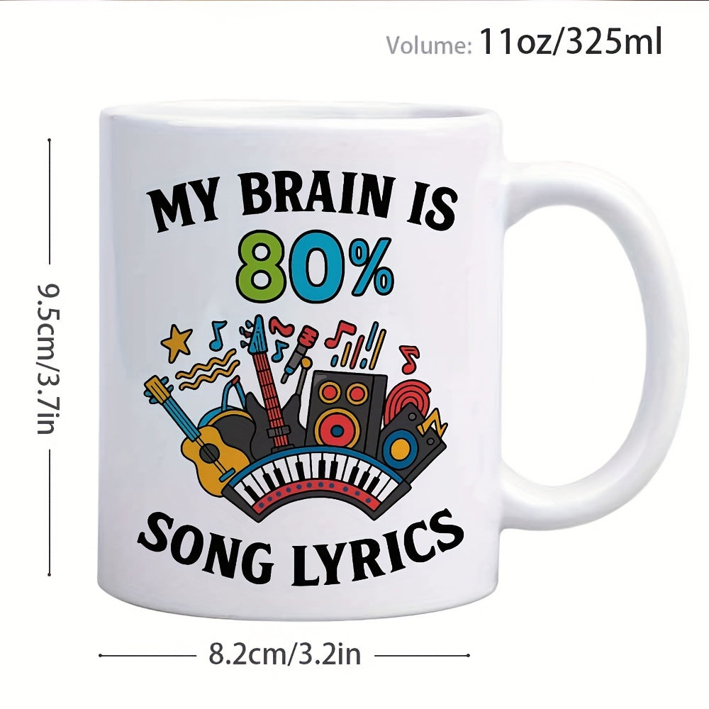 Tailorly White Ceramic 11 oz Mug - My Brain Is 80% Song Lyrics Colorful Musical Instruments With Electric Guitars Speakers And Piano Keys Mug