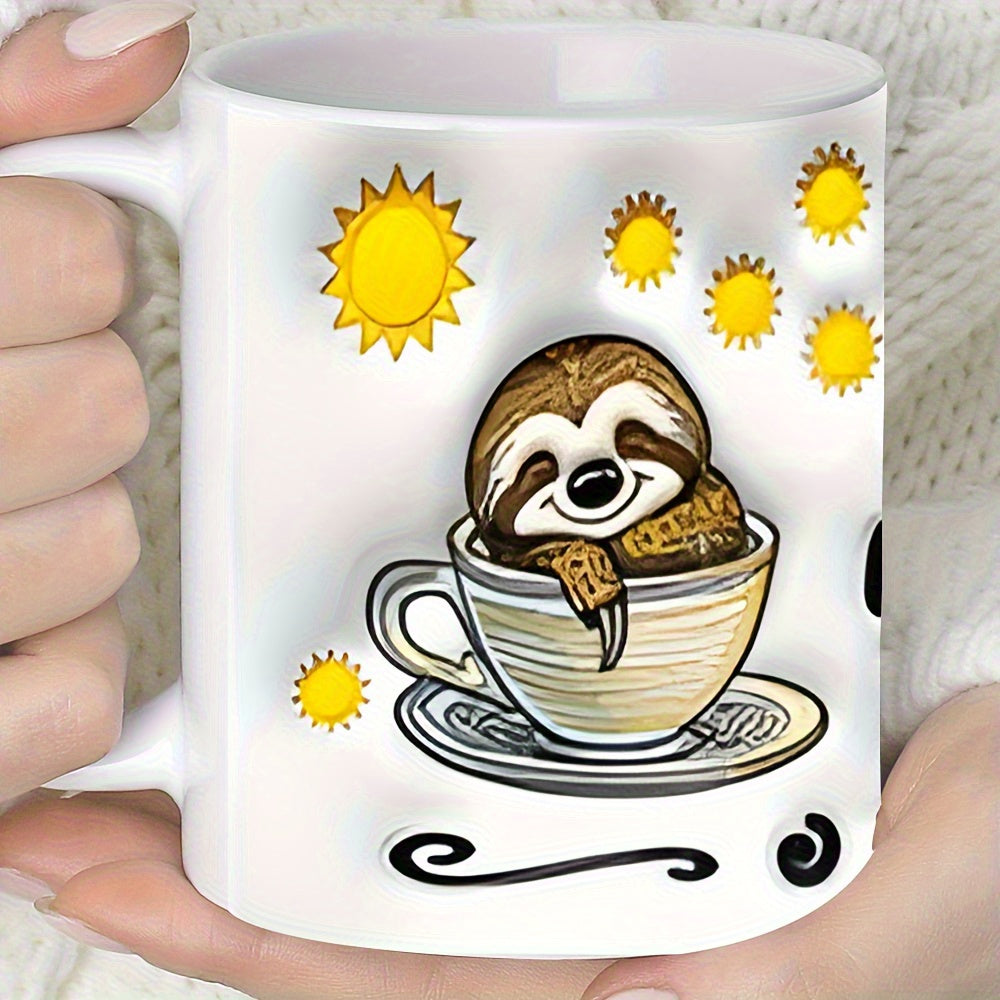 Tailorly White Ceramic 11 oz Mug - Adorable Smiling Cartoon Animal Resting Inside Coffee Cup With Bright Yellow Sun Sloth