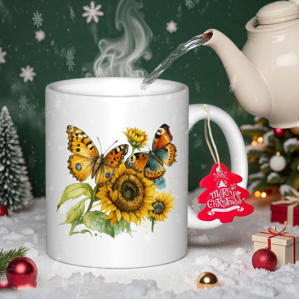 Tailorly White Ceramic 11 oz Mug - Merry Christmas Vibrant Butterflies Resting On Golden Sunflowers Among Lush Green Leaves Butterfly
