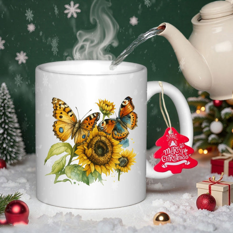 Tailorly White Ceramic 11 oz Mug - Merry Christmas Vibrant Butterflies Resting On Golden Sunflowers Among Lush Green Leaves Butterfly