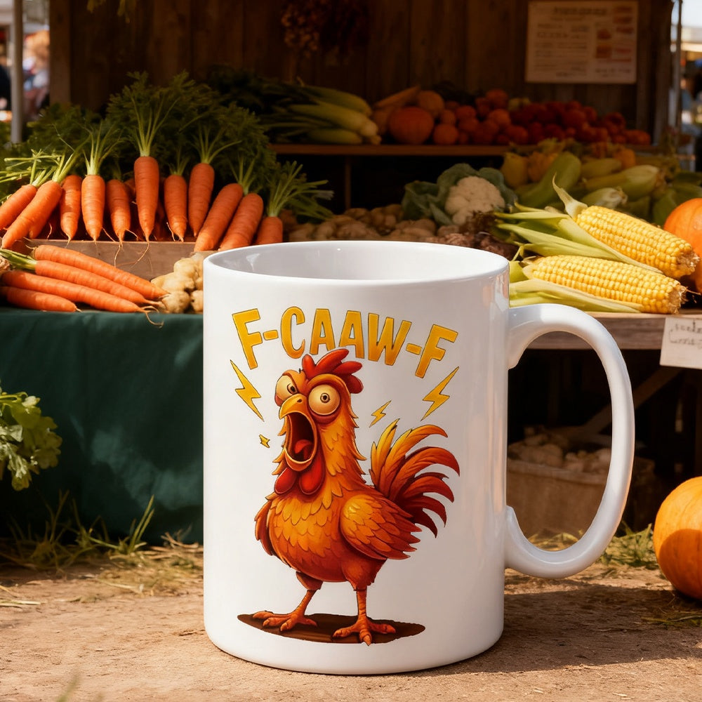 Tailorly White Ceramic 11 oz Mug - F Caaw F Animated Screaming Orange Bird Flanked By Radiant Yellow Electric Sparks Rooster