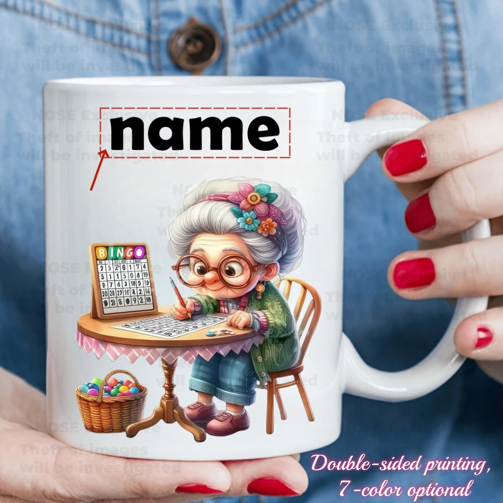 Tailorly White Ceramic 11 oz Mug - Name Cute Grandmother Playing Bingo Game At Table With Colorful Flowers Grandma