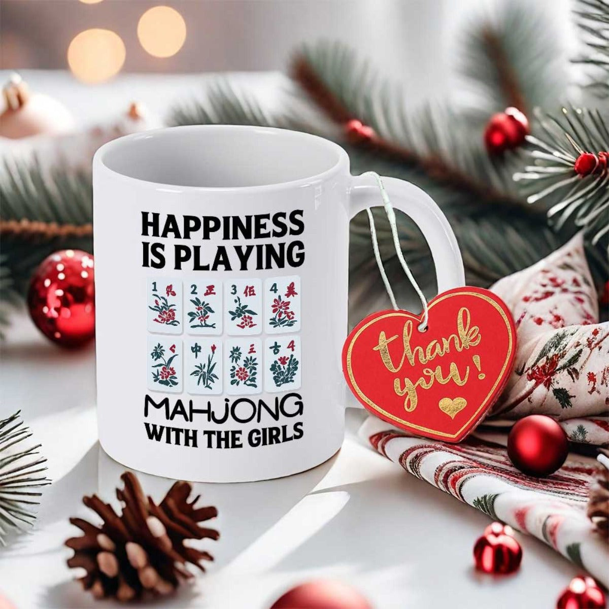 Tailorly White Ceramic 11 oz Mug - Happiness Is Playing Mahjong With The Girls Traditional Tiles Arranged Neatly On A Pristine Mug